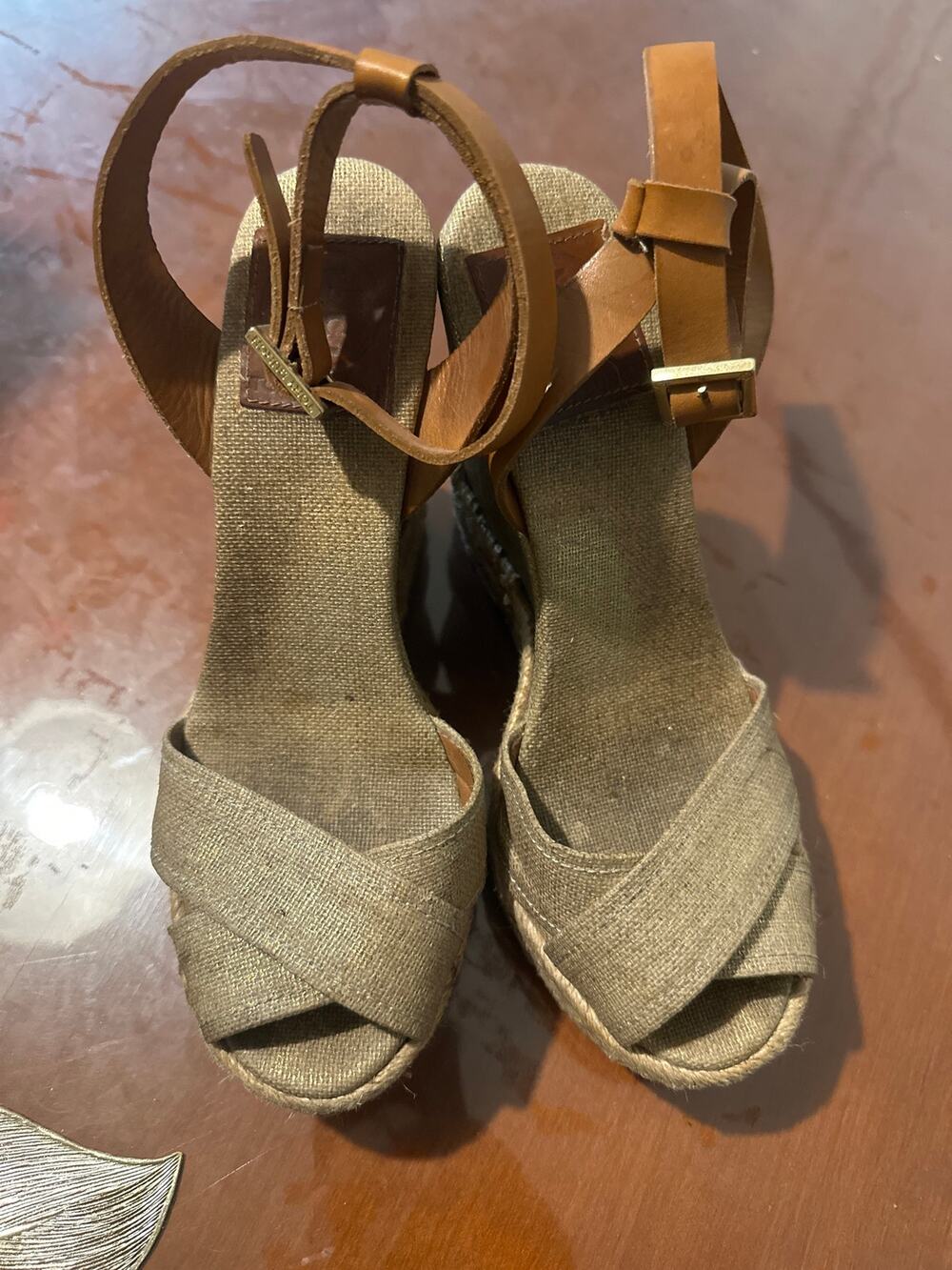 Tory Burch Olive Canvas Espadrille Wedge Sandals Size 6